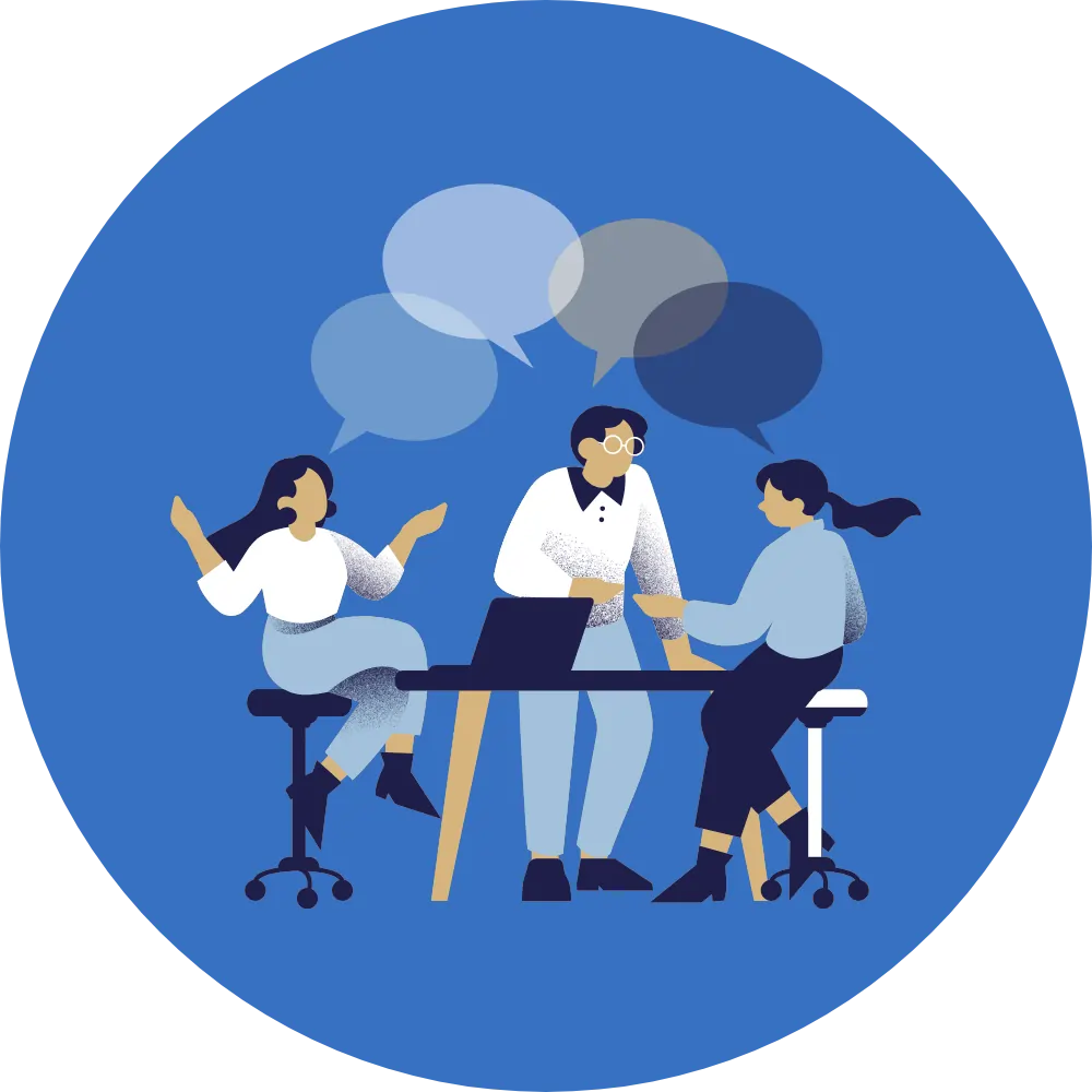 blue background with people sitting at a table with caption bubbles above their heads